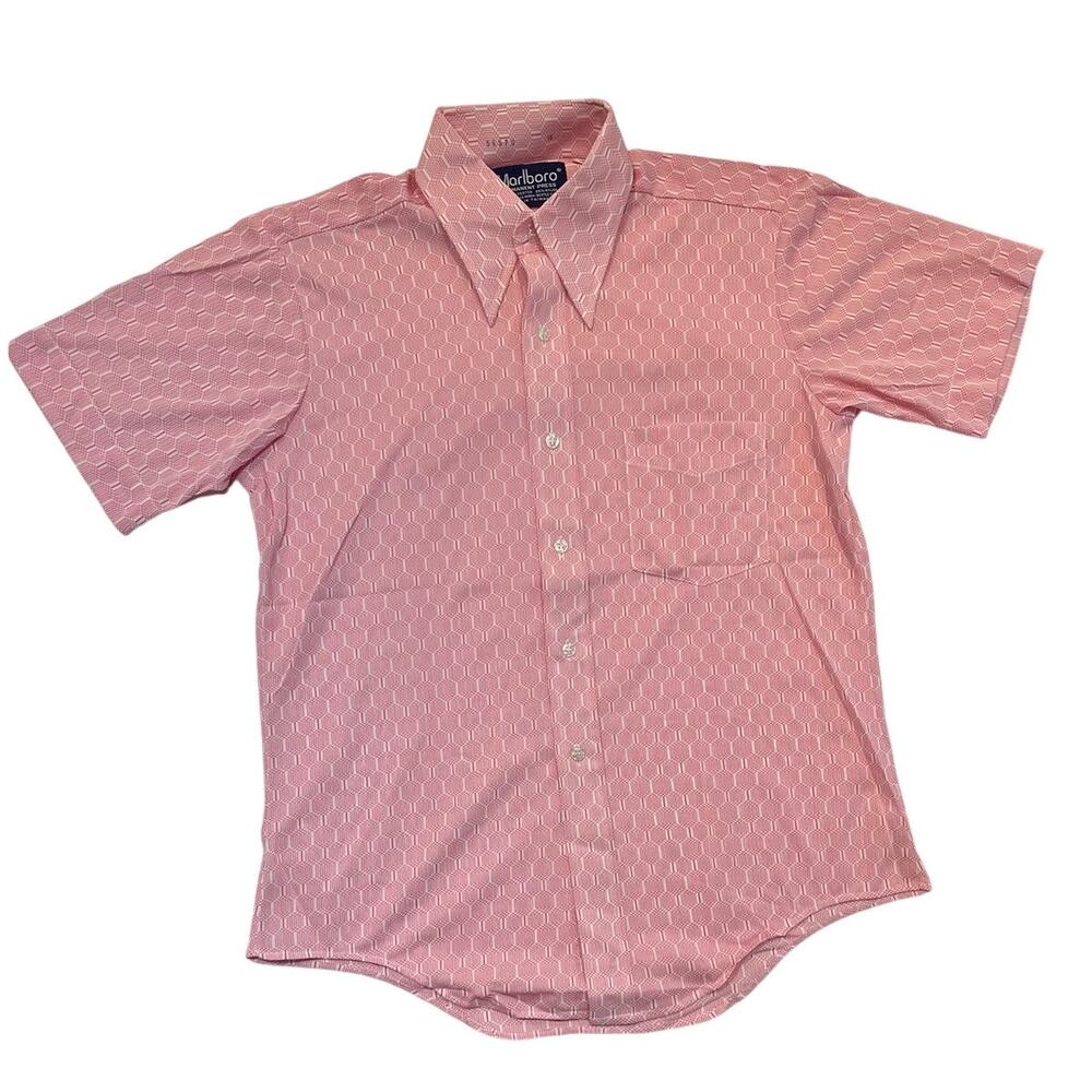 Vintage 70s Marlboro Button Up Polyester Shirt Red + White Sheer Size 15